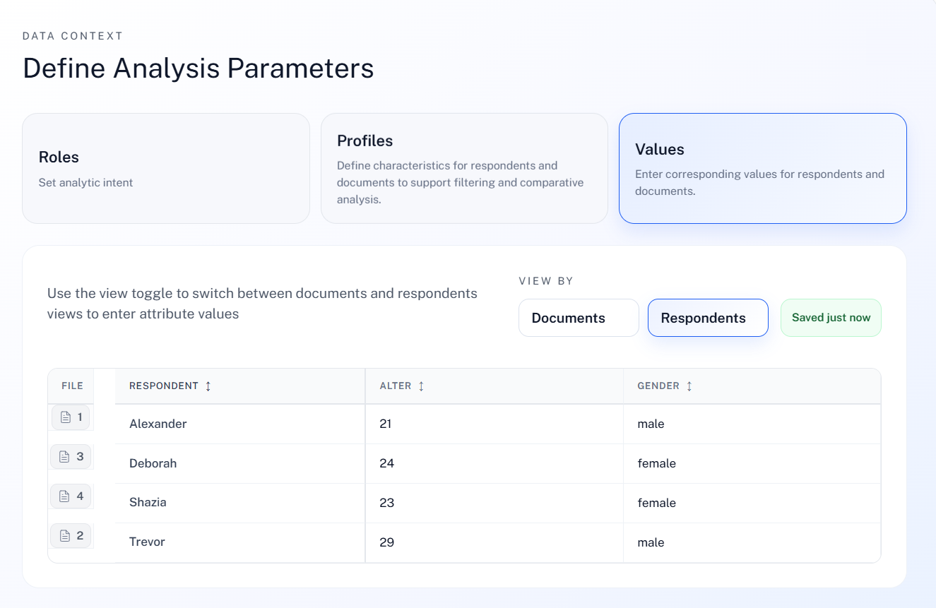 QInsights data context showing respondent attributes for comparative analysis