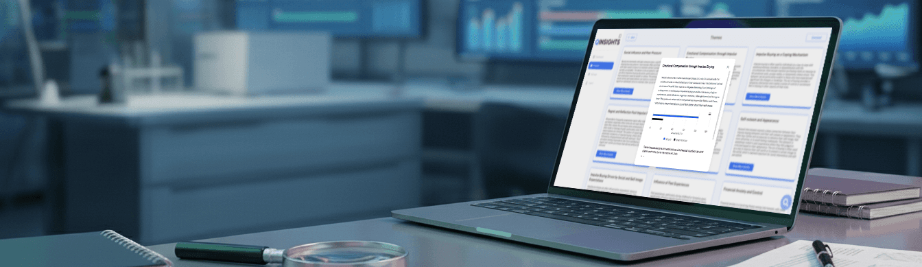QInsights theme analysis displayed on a laptop