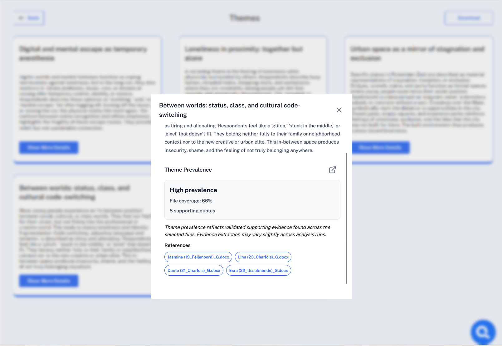 QInsights theme analysis showing prevalence, file coverage, and source references
